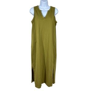 PACT Organic Cotton Maxi Tank Dress Womens M Olive Green V-Neck Shift Side Slits